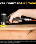 Hand using All In One Mini Random Orbital Air Sander Kit on wood, air powered, Pro Grade Pneumatic DA Sander Polisher for Auto Body Work