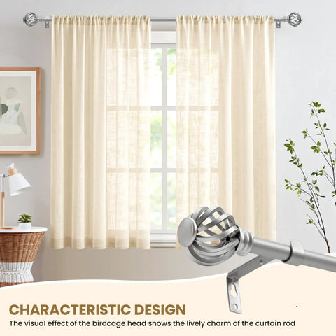 Decorative Curtain Rod With Birdcage Finial Design, Adjustable 28 To 48 Inch Length, Silver Finish, Living Room Window