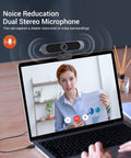 Top Shelf 4K Webcam Packs Sony Autofocus Sensor To Drop Crisp 8MP Video Built In Dual Mic And Quick Slide Privacy Shield on laptop during video call.