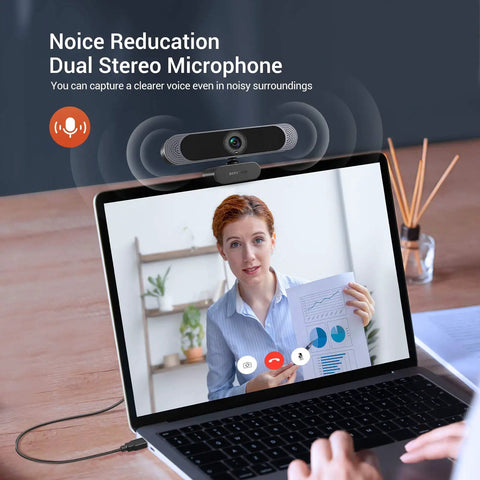 Top Shelf 4K Webcam Packs Sony Autofocus Sensor To Drop Crisp 8MP Video Built In Dual Mic And Quick Slide Privacy Shield on laptop during video call.