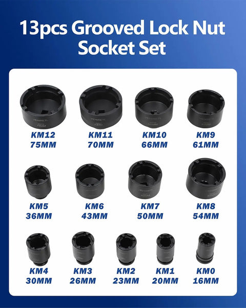 13 Piece Grooved Lock Nut Socket Set With Internal Teeth For Spindle Nuts And Axle Locknuts Half Inch Drive Includes 16mm To 75mm Sockets
