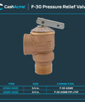 Three Quarter Inch F 30 Safety Relief Valve For Hot Water Heaters And Boilers Brass Push To Connect Pressure Release Fitting For Storage Tanks And Water Heaters Reliable Brass Plumbing Valve Model 20166 0030 By Cash Acme, showing side view with connection details.