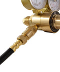 Industrial Argon Regulator And Flowmeter For MIG And TIG Weld Rigs With Five Foot Hose, 0 To 400 Psi Inlet, dual gauges visible