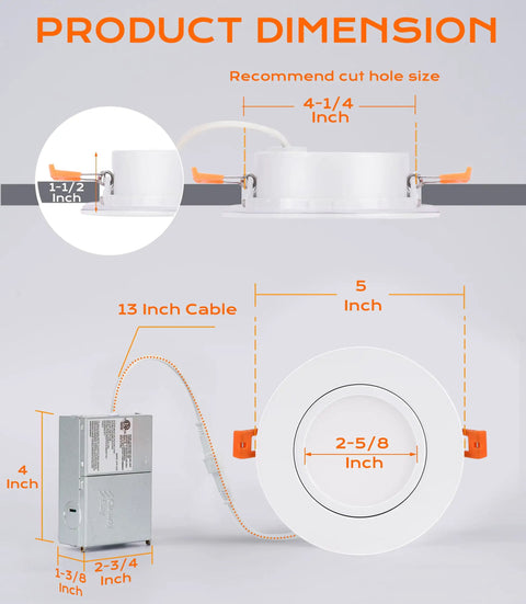 Dimensions of 4 Inch Gimbal Smart WiFi LED Recessed Lights Kit RGB CW Color Changing Works With Alexa And Google Home No Hub Required 2700K To 6500K IC Rated Pack Of 4
