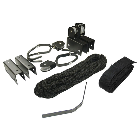 Easy Garage Storage Hoist For Kayaks Canoes Bikes And Ladders One Person Lift System With Pulleys Hooks Brackets Hardware 50 Ft Rope Saddle Straps 120 Lb Capacity Black, black hardware kit