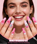 Smiling woman with floral and seashell-themed nail art using Complete Nail Art Kit With Stands And Tools Featuring 15 Black Nail Brushes