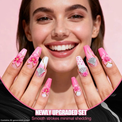 Smiling woman with floral and seashell-themed nail art using Complete Nail Art Kit With Stands And Tools Featuring 15 Black Nail Brushes