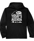 Black Wilderness Explorer Camp Performance Hoodie with RV camping graphic and text "Today's Agenda," cozy camping gear.