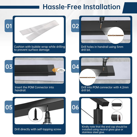 Installation steps for Heavy Duty Matte Black Stainless Steel Cable Railing Handrail Kit With Pom Connectors 12 Foot Guardrail.