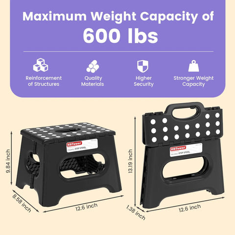 Folding Step Stool Nine Inch Holds Up To 600 Lb with non-slip surface and handle, shown folded and unfolded, black color.