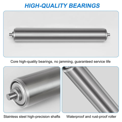 Sleek Stainless Steel Conveyor Rollers 10 Inch Length, 1.5 Inch Diameter, 1/4 Inch Axle, featuring waterproof roller design.