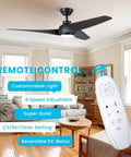 52 Inch Black Ceiling Fan With Lights And Remote in living room, showcasing features: dimmable LED, 3 blades, 6 speeds, reversible DC motor.