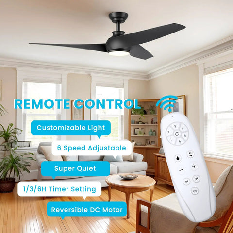 52 Inch Black Ceiling Fan With Lights And Remote in living room, showcasing features: dimmable LED, 3 blades, 6 speeds, reversible DC motor.