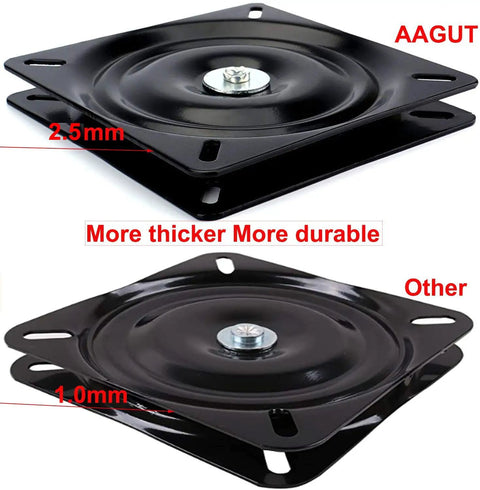 Heavy Duty 7 Inch Bar Stool Swivel Replacement Plate With Square Swivel Mechanism, Solid Steel Build Beefed Up, Stainless Ball Bearing, 2.5mm Thick, 176 To 220 Lb Capacity, Smooth 360 Degree Spin, Durable Performance, black steel swivel plate compared to thinner 1.0mm model
