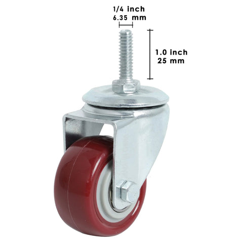 Single red polyurethane caster wheel with metal swivel housing and 1/4-20 threaded stem