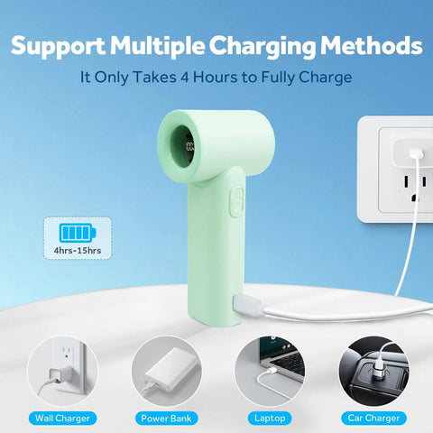 Portable Handheld Turbo Fan With 17400 RPM High Speed Mini Cooling Power 4500mAh USB Rechargeable shown charging via USB