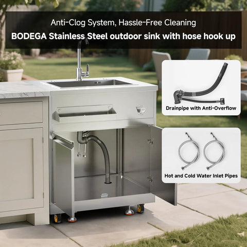 Stainless Steel Outdoor Kitchen Sink With Faucet Kit Hose Hookups Single Bowl Storage Brakes On Wheels Spice Rack All Weather Use Built To Last For RV Yard Garage Restaurants