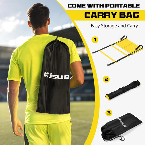 Person with carry bag showcasing Two Pack 20ft Agility Ladder Set For Parallel Footwork Drills, 40ft Total Speed Ladders With 12 Cones