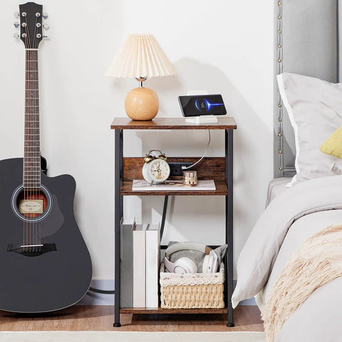 Record Player Stand With Built In Charging Station And Storage Cabinet, 3 Tier End Table For Vinyl Records beside bed