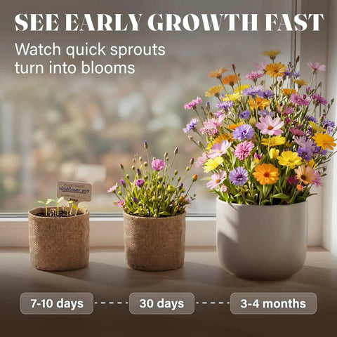 Wildflower Seed Mix Growing Kit With Perennial And Annual Flowers in burlap planters showing growth stages by window