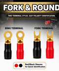 Heavy Duty 4 Gauge Speaker Wire Crimp Terminals With Fork And Round Ends Plus No Hassle Heat Shrink Sleeves for quick polarity identification.