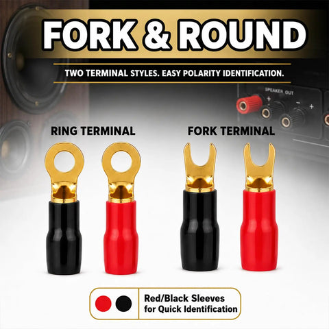 Heavy Duty 4 Gauge Speaker Wire Crimp Terminals With Fork And Round Ends Plus No Hassle Heat Shrink Sleeves for quick polarity identification.