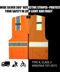Hi Vis Mesh Safety Vest For Work With ANSI Class 2 Reflective Strips And Zipper, orange front view showing reflective tape, 8 pockets