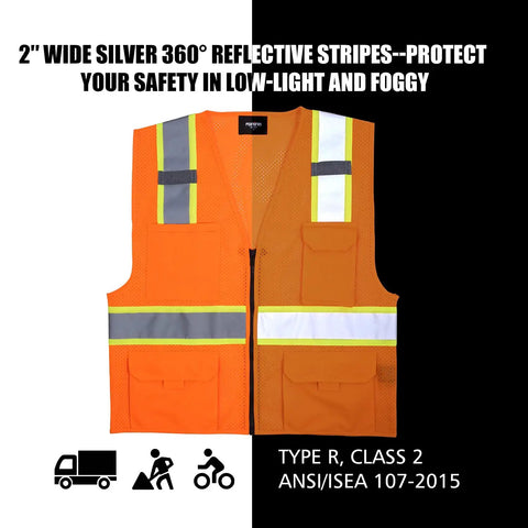 Hi Vis Mesh Safety Vest For Work With ANSI Class 2 Reflective Strips And Zipper, orange front view showing reflective tape, 8 pockets
