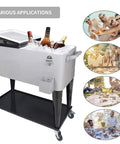 80 Qt Rolling Cooler Cart with four wheels and bottle opener filled with ice and drinks, suitable for outdoor parties.