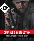 Man holding Polysteel 700 LED Flashlight 800 Lumens Heavy Duty Stainless Steel Core in rain with stormproof polymer body.