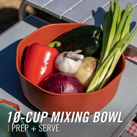 ComplEAT Outdoor Tableware Set For Camping And Hiking, 9-Piece Nestable Polypropylene Mixing Bowl with vegetables.