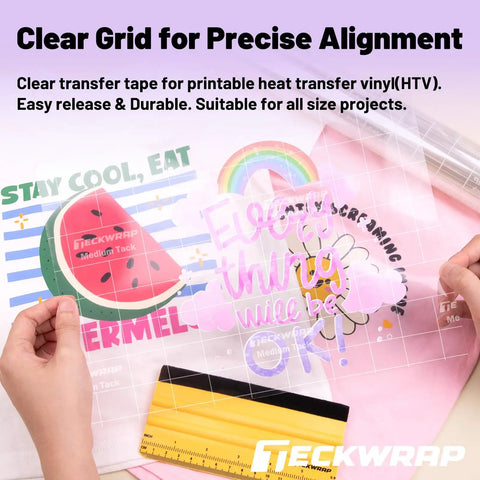 Clear Transfer Tape For Vinyl With Alignment Grid, 12 Inch By 10 Ft, Printable HTV Ready used for DIY decals and stickers