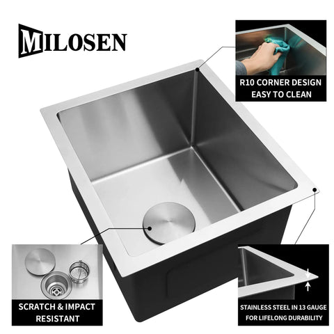 Undermount 15 By 17 Inch Small RV Bar Sink in 304 Stainless Steel with 16 Gauge Build, featuring R10 corners and drain.