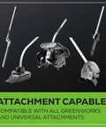 Heavy Duty 40 Volt Cordless String Trimmer Loaded With A Badass Brushless Motor And Four Point Zero Ah Battery showing various compatible attachments.