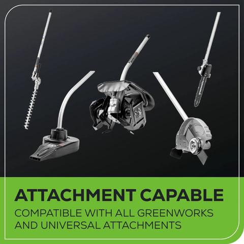 Heavy Duty 40 Volt Cordless String Trimmer Loaded With A Badass Brushless Motor And Four Point Zero Ah Battery showing various compatible attachments.