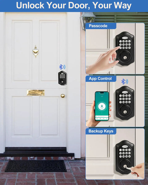 Hassle Free Keyless Entry Door Lock With Glowing Backlit Keypad And Smart Bluetooth App Control In Classy Matte Black Finish on white door