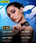 Model wearing Adjustable Noise Canceling Earplugs For Sleep And Travel With Three Modes From 13 To 45 dB, holding charging case