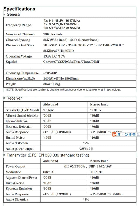Specifications for Beefy 45W Monoband 1.25M Mobile Ham Radio Transceiver For Cars, TX 222-225MHz, RX 220-260MHz, 200 channels.