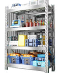 Bulletproof Heavy Duty Garage Shelving Unit With 450Kilo Capacity Rock Solid Stainless Steel Storage Rack filled with tools and containers.