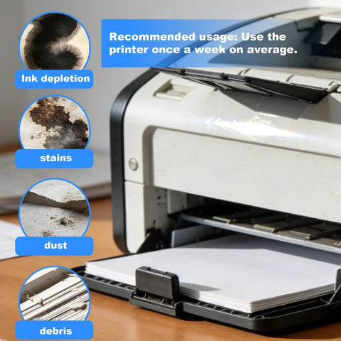 Printer with paper showing ink depletion, stains, dust, and debris. Usage tip for 30 Pack Printer Cleaning Sheets 11.2 X 8.26 In Universal Kit.