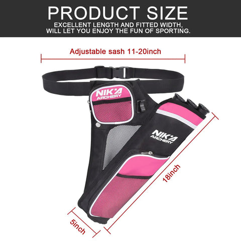 Archery Hip Quiver With Three Detachable Arrow Tubes in pink and black, adjustable sash, 11-20 inches, size 5x18 inches.