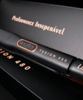 Fusion 480 Hair Straightener with high heat power, pro-grade tourmaline ceramic plates, close-up view on packaging.