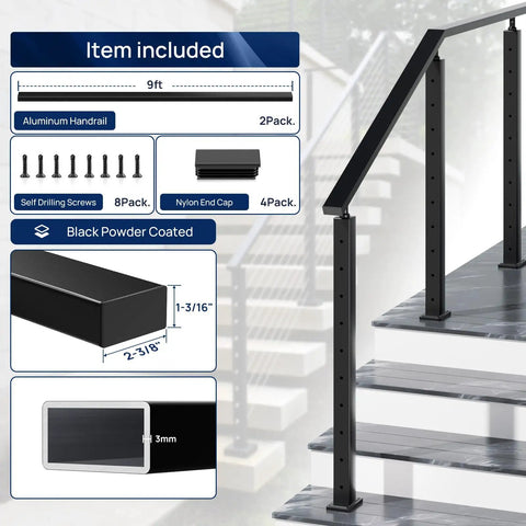 2 Pack 9 Ft Black Aluminum Handrail With Self Drilling Screws Aama 2604 Coated Heavy Duty Flat Deck Railing Solid Stair Guide Built Like A Tank Indoors Outdoors, showing included parts.