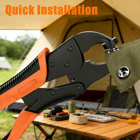 All In One Snap Fastener Tool Kit For Fabric And Outdoor Gear Like Boat Covers Canvas Tarps Leather And Clothing With Heavy Duty Metal Snaps Pliers Interchangeable Dies Pry Tool And Crochet Hook Includes 380 Snaps In Four Colors showing pliers installing snap on fabric