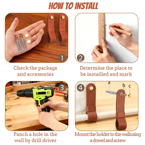Installation steps for Six Piece Robust Leather Curtain Rod Holders With Universal Wall Mount Kits for Towel Bars and Fresh Home Decor Looks Featuring Zero Hassle Screws.