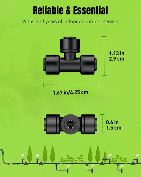 Push To Connect Quarter Inch Drip Irrigation Tee Fittings, Leakproof Quick Connect Tees for tubing and sprinklers, 15 Pack
