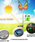 3 Pack Solar Butterfly Garden Lights Waterproof Led Color Changing Stakes with solar power icon and installation instructions.