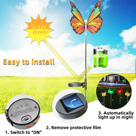 3 Pack Solar Butterfly Garden Lights Waterproof Led Color Changing Stakes with solar power icon and installation instructions.