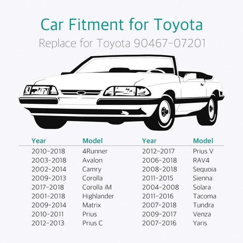 Toyota car fitment guide for models including 4Runner, Camry, Highlander, Avalon, Corolla, and more; replace Toyota 90467-07201.