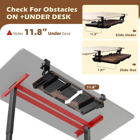 Under Desk Keyboard Tray With Storage Drawer, Heavy Duty Clamp Mount, slides under and extends 11.8 inches, mahogany finish